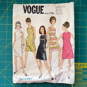 Vogue Easy To Make Basic Dress #1756 Size 16 Vintage Pattern 1960s Retro MCM